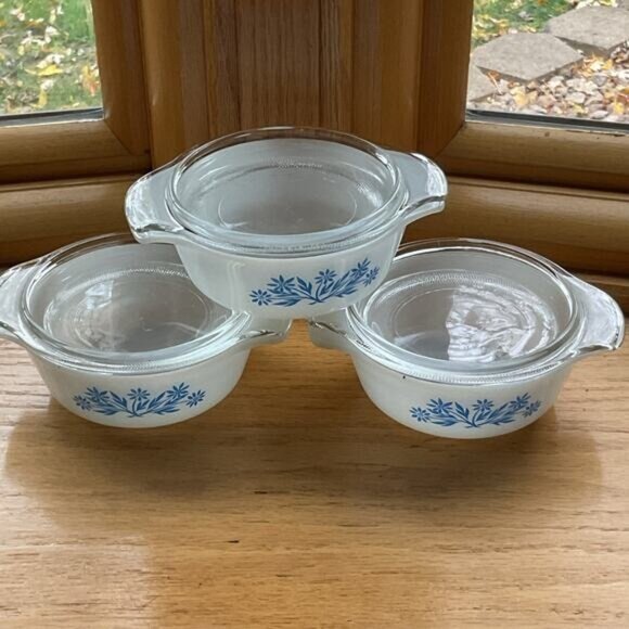 Three Vintage Fire King Blue Cornflower Mini Casserole Covered Dish 6 Oz - Picture 2 of 8